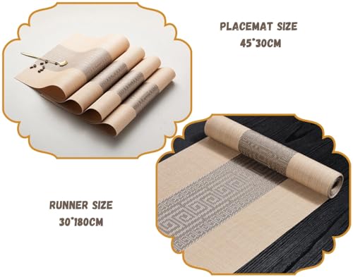 Image of YELONA Placemats and Table Runner Set - Heat Resistant, Non-Slip & Washable PVC Vinyl Dining Table Mats - Almond Beige (4 Placemats: 45x30 cm, 1 Runner: 180x30 cm)