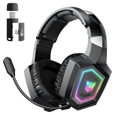 2.4GHz Wireless Gaming Headset for PC, Ps4, Ps5, USB & Type-C Gaming Headphones with Detachable Microphone, Bluetooth 5.4 Over Ear Gamer Headset Compatible for Switch, Laptop, Mobile, Mac, RGB Light Cover