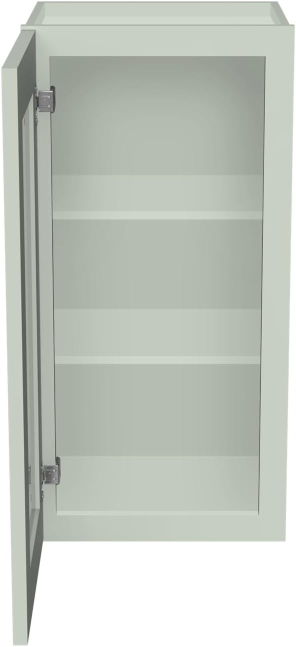 RTA Solid Wood Tall Glass Door Wall Cabinet – Shaker Style Wall-Mounted Storage Cabinet with Adjustable Shelves, Soft-Close Hinges, Bathroom Medicine Cabinet (Jade Green, 18" W x 12" D x 36" H)