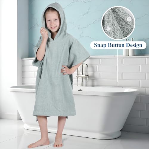 Image of Superior Kids Cotton Terry Poncho, Soft, Absorbent Bath Towel with Hood, Bathroom Accessories, Long, Plush Bathrobes for Bath, Shower, Spa, Resort, Hotel, Beach, Pool, Boy, Girl, Large Size, Sage