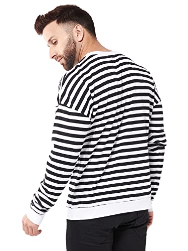 Image of GRITSTONES Men OversizedRound Neck Stripe Drop Shoulder Cotton T-Shirt