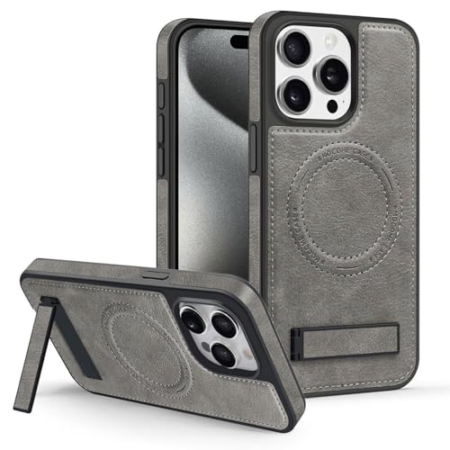 Étui en cuir iPhone 14 Pro Max gris à rabat et support magnétique pratique