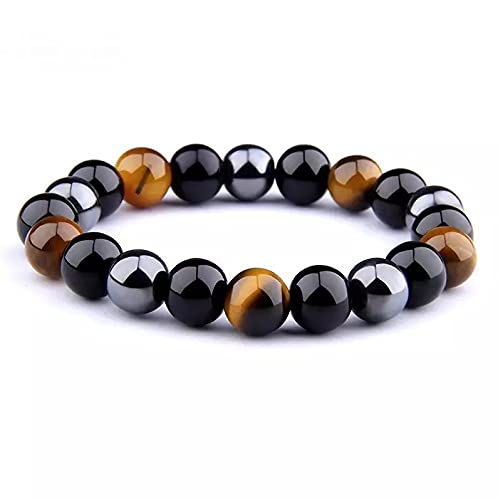Tree Of Life Triple Protection Bracelet - Hematite For Balance - Tiger Eye For Power - Obsidian Crystal For Protection - Stretch Bracelet, Brown, 19Cm #TOP10