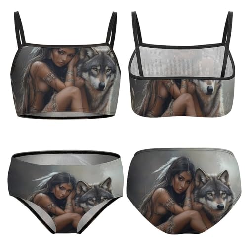 Indian Maiden and Wolf Native Am-erican Girls Bikini Swimsuit Two Piece Bathing Suit Beach Swimwear3
