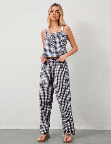Livtany Women's Mid-Rise Plaid Wide Leg Lounge Long Pant Classic Gingham Print Stretchy Elastic Waist Trouser with Pocket2