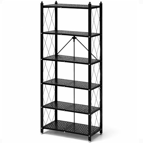 Image of Origami 6-Shelf Bookcase | Open Style, Organizer Deco Rack, Large Book shelf, Tall Bookcase, Living room shelving, Freestanding, No assembly /no tools required, Modern Vertical Furniture | Black