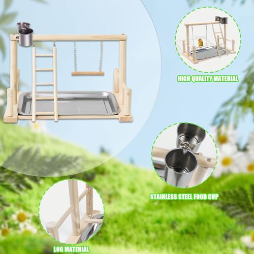 Image of Bird Playground, Natural Wood Bird Perch Stand with Removable Tray and 2 Stainless Steel Feeder Cups, Parrot Playstand Bird Cage Toys for Conure Parakeet Cockatiel Parrot (B)