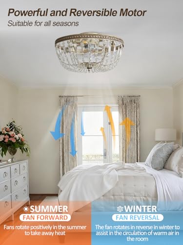 Image of 20 inch Flush Mount Fandelier Ceiling Fan with Light, Crystal Gold Fandelier Ceiling Fan with Light Remote Control, Vintage French Country Caged with 6 Speeds for Bedroom, Living Room, Foyer, Nursery