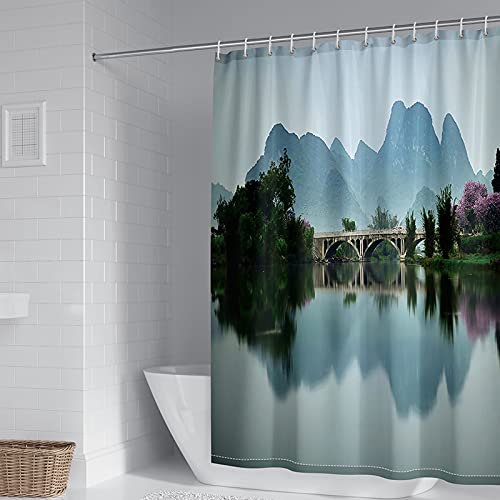 Rideau de douche salle de bain polyester pont lac 180x200