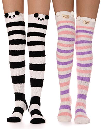 Image of MOGGEI Womens Fun Fuzzy Thigh High Socks, Funny Striped, Over Knee High