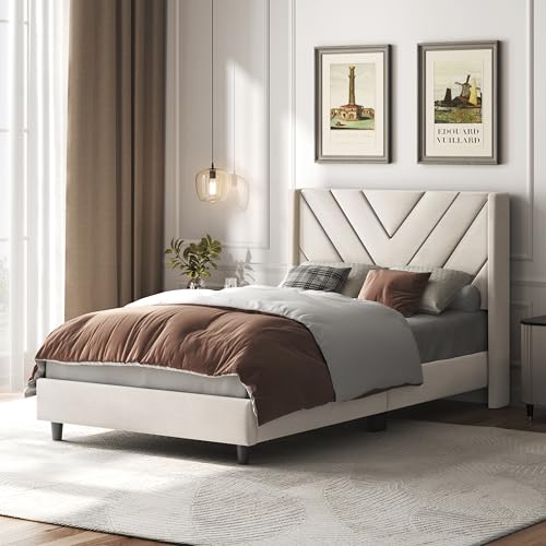 Yaheetech Twin Bed Frame Upholstered Platform Bed with Wing Side/Wooden Slat Support/Tufted Headboard with Wing Side/Mattress Foundation/No Box Spring Needed,Beige Twin Bed