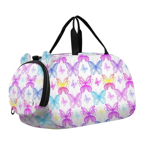 Purple Butterflies White Kids Travel Duffel Bag for Boys Girls Overnight Weekend Tote Bag with Shoes Compartment for Beach Swim Trip