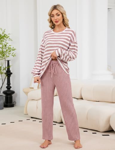 Image of Blooming Jelly Women Ribbed Long Sleeve Pajama Sets Fall Loungewear Pockets