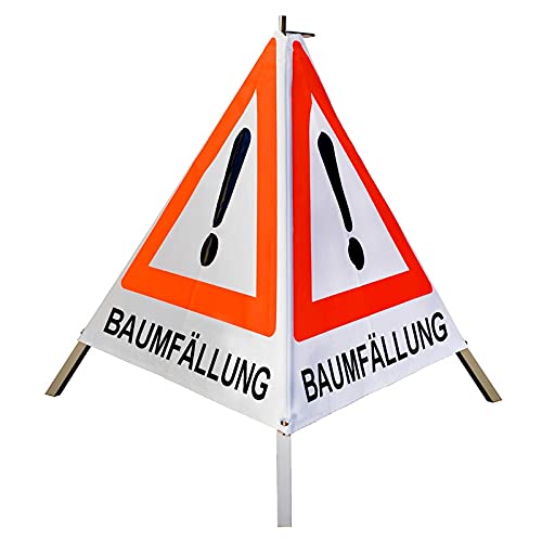 Warnpyramide/Faltsignal - BAUMFÄLLUNG - VZ101-Ausrufezeichen (1 - tagesleuchtend weiß, 70 cm schwer mit Federmechanismus)