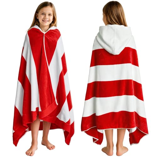 VOOVA & MOVAS Hooded Towels for Kids 8 Years Up Cotton,Red Side Stripe