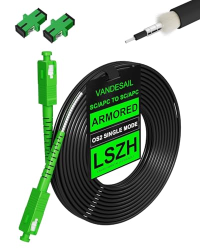 VANDESAIL 45M/147ft SC/APC Fiber Optic Internet Cable Extension, SC/APC to SC/APC Armored Fiber Patch Cable, SC to SC Single Mode OS2 Fiber Jumper Optical Patch Cord SIMPLEX SMF, LSZH Black