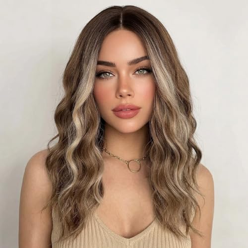 Image of Eawwii Wigs for Women Ash Brown Blonde,Short Wavy Synthetic Lace Wig | Dark Root Ash Brown Blonde,Glueless 4x1 Lace Hairline,Heat Resistant,Bob Wave,Natural Appearance for Everyday Cosplay 18 Inch