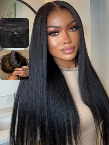 UNICE Bye Bye Knots Wig Yaki Straight 7x5 Pre Cut HD Lace Front Wigs Human Hair with Elastic Drawstring Glueless Wig Human Hair Pre Plucked Bleached Knots Natural Hairline 150% Density 18 inches