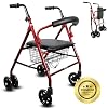 OrtoPrime Andador para Ancianos ROLLATOR de 4 Ruedas Plegable con Frenos a la Carga – Andador Ortopedia – Andadores adultos FRENO POR PRESIÓN – Caminadores para Mayores Andador con ASIENTO y CESTA