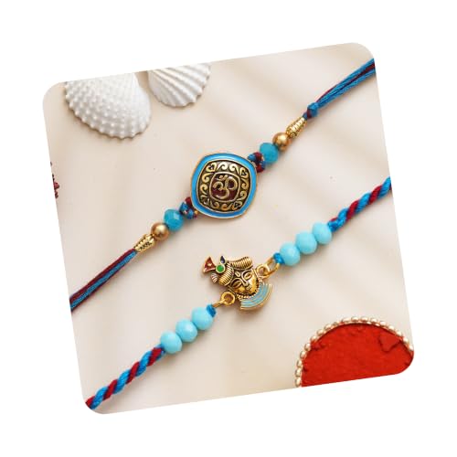 Image of eCraftIndia Multicolor Set of 2 Om Symbol and Peacock Designer Religious Rakhis with Roli Chawal Pack