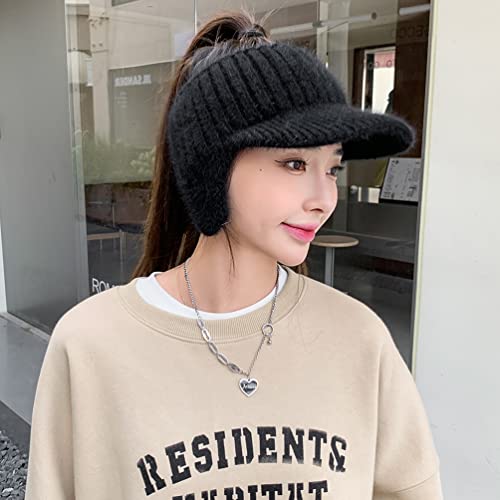 Image of Open Beanie with Earflaps Visor Brim Bun Ponytail Winter Golf Tennis Hats Women