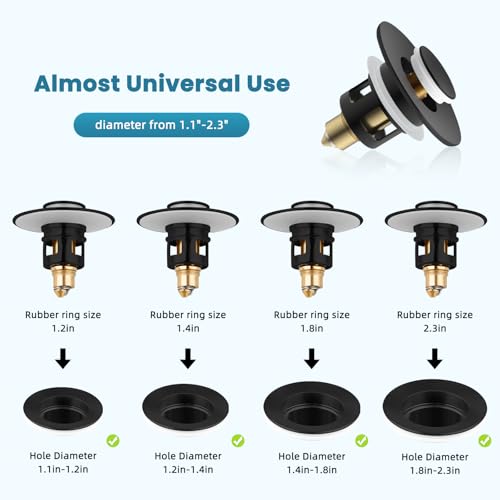 Image of 2PCS Universal Metal Bathroom Sink Stopper, 2-in-1 Pop Up, Matte Black | Sink Strainer with Anti-Clogging Filter Basket Fit for Standard 1 inch-2.3 inch Basin Drain Holes, Anti-Clog