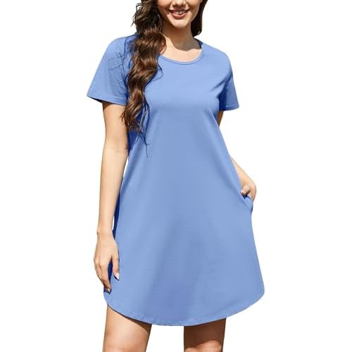 Marvmys Cotton Nightgowns for Women Short Sleeve Sleep Shirt Summer Nightshits with Pockets S-3XL Large Blue