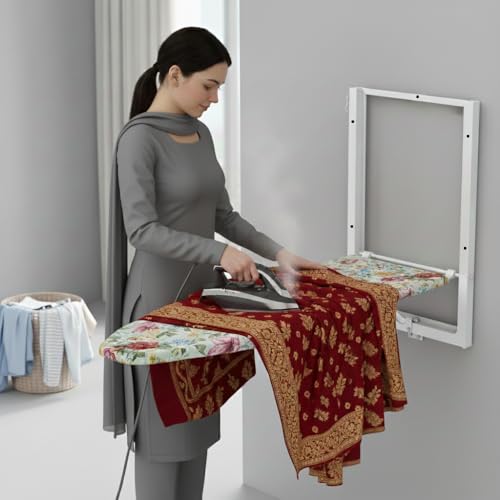 Image of CIPLA PLAST Wall Mount Ironing Table /Board | Space-Saving & Foldable Mechanism | Wooden Surface | DIY Assembly | Easy-Release Lever, Removable Cotton Cover & Mounting Hardware | 85X34 CMS