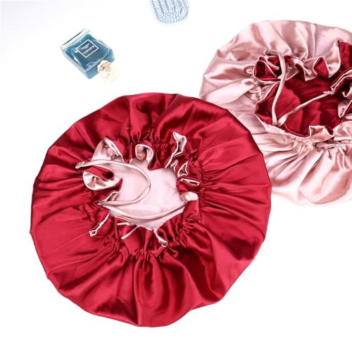 Adjustable Silk Satin Bonnet Hair Care Caps for Women Girls Loose-fitting Reversible Sleeping Cap Shower Caps Hair Wrap Bonnets (001 Wine/Blush) - Thumbnail 7