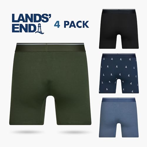 Lands' End Mens Underwear 4 Pack Mens Boxer Briefs for Men Cotton Stretch Blue