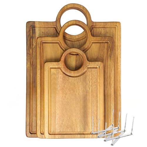 Set de 3 tablas de cortar de madera de acacia con mango y ranura miniatura 1