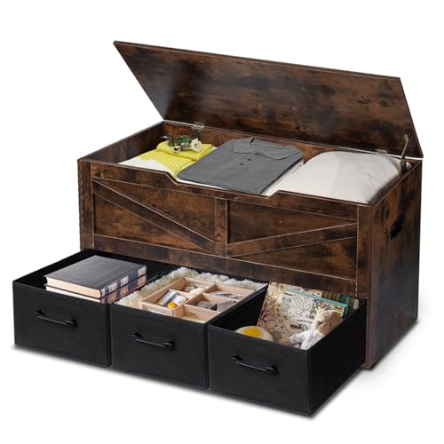 Qupui Storage Bench, 39.4' Storage Chest with 3 Drawers, Large Box Storage with Safety Hinges, Wooden Blanket Chest Trunk for Living Room, Bedroom, Entryway