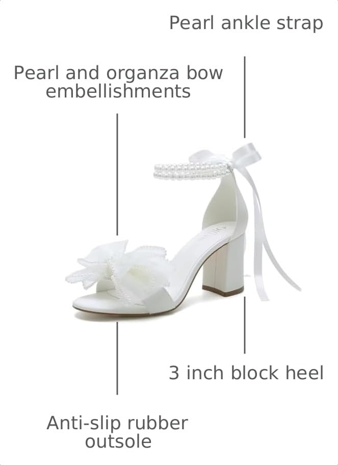 Image of Pearl Wedding Shoes for Bride Block Heel Wedding Sandals Open Toe Bridal Shoes Bow Knot Heeled Sandals