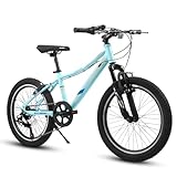 KWOJU 20 Inch Kids' Bike, Boys Girls Mountain Bike Ages 8-12, 7 Speed Teenager Children Kids' Bicycles, Front Suspension Disc Brake Rear V-Brake, High Steel Frame (Light Blue)