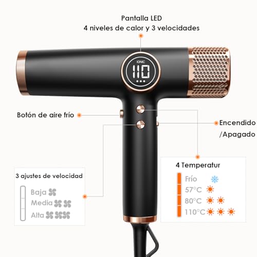 Faszin Secador de Pelo Profesional y Ligero con Motor de 110,000 RPM, Secado Rápido, 200 Millones de Iones, Bajo Ruido, Pantalla LED y 3 Boquillas Magnéticas, Ideal para el Hogar y el Salón