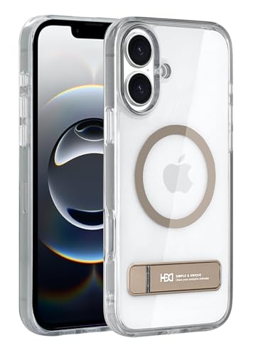 Image of BOUNCEBACK Polycarbonate Shockproof Transparent Hybrid Back Case /Cover with Kick Stand Support Magnetic Charging for iPhone 16 Plus - (Clear Gold)