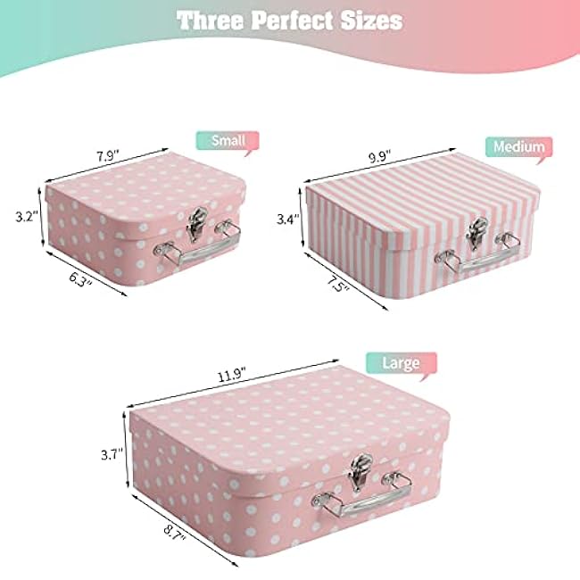 Set of 3 Paperboard Suitcases Storage Box Storage for Photo Storage Home Decoration, Wedding, Birthday, Anniversary and New Year Gift Decoration (3Pcs, Pink Dots and Stripes)