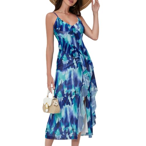 Image of Women's Spaghetti Strap Ruffle Side Split Long Dress Bodycon Beach Maxi Dresses