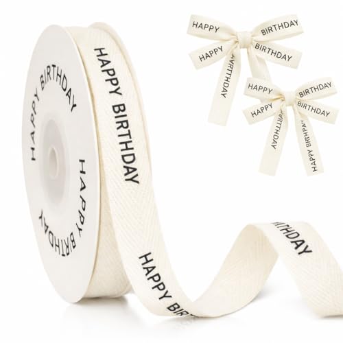 GCQQ Happy Birthday Cotton Ribbon - 5/8 Inch x 10 Yards Natural Twill Tape Herringbone Birthday Ribbons for Gift Cake Boxes Wrapping Baking Crafts Home Bouquet Decor