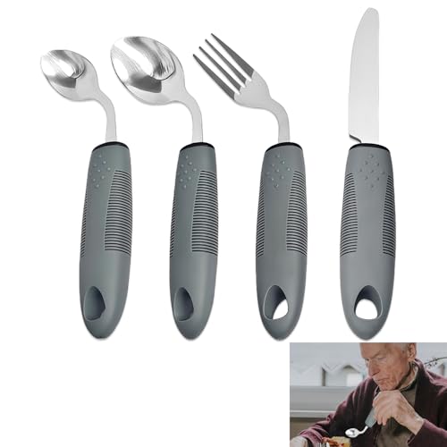 EXIN DECHEN 4-Teiliges Parkinson Besteck, Parkinson Hilfsmittel Grau, Biegung Besteck für Senioren Griffverdickung Bestecks für ältere Menschen,...