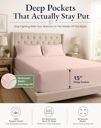 Image of Lane Linen Twin XL Fitted Sheet, 100% Organic Cotton 2-Piece Set (1 Fitted Sheet, 1 Pillowcase), Percale Weave, Bottom Sheet, Soft, Breathable, Fits Mattress Upto 15 inch Deep - Sepia Rose (No Flat Sheet)
