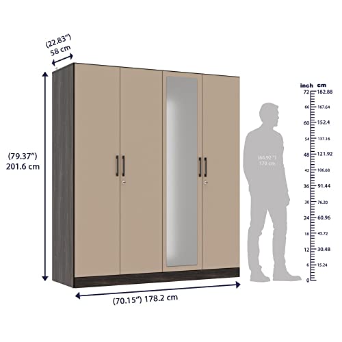 Image of Wakefit Wardrobe | 1 Year Warranty | Engineered Wood Almirah, Cupboard for Clothes Storage | 4 Door, Mirror, 5 Shelves, 1 Partition, 3 Drawers, 2 Hanging Space | Cashmere Plus - Wyoming Maple-Frappe