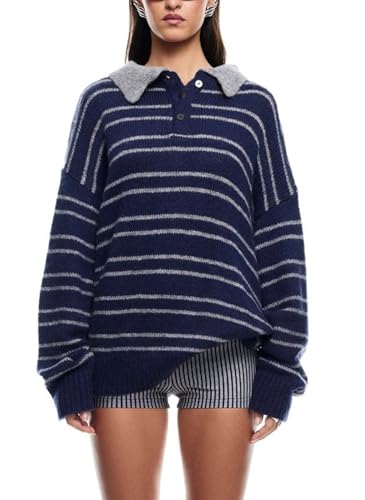 Women Striped Sweater Rugby Polo Oversized Color Block Knit Pullover Tops Vintage Preppy Going Out Streetwear