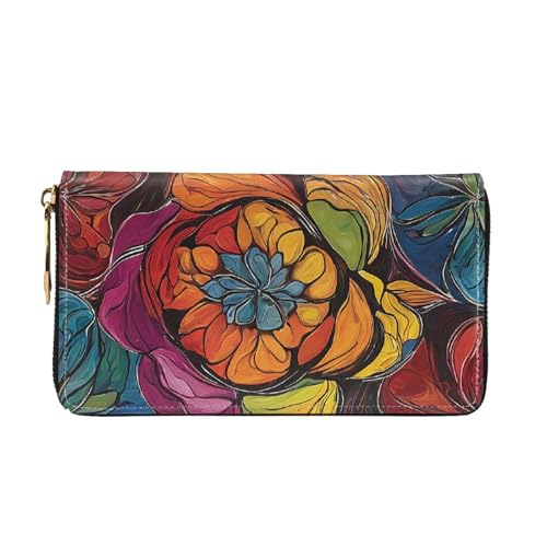 (flower stained glass) Faux Leather Wallet Long Clutch Zipper Purse Card Holder Travel Coins Cash Organizer Phone Pocket 7.48 x 4.13 x 0.9 inches2