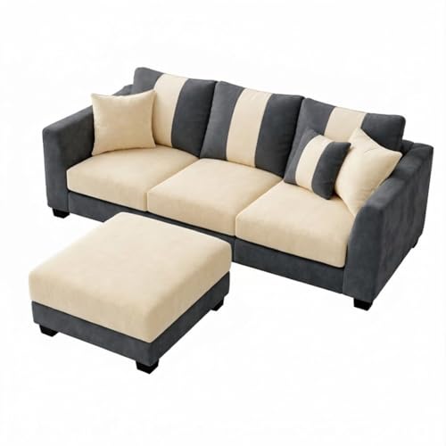 Image of Revo 4 Seater L Shape Sofa Set with Movable Ottoman | Flexible Left or Right Layout | Luxury Velvet Suede Fabric | Modern Living Room Sofa | Dark Grey-Cream