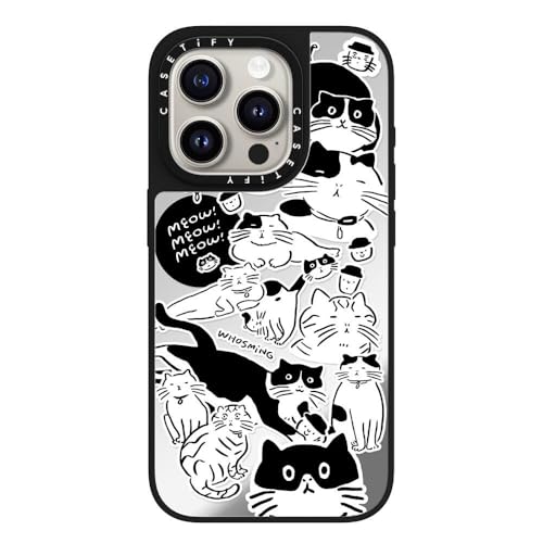 CASETiFY Magsafe �Ή��~���[ iPhone 15 Pro �P�[�X [���ː� / 1.5m����̗����������N���A / Magsafe �ɑΉ�] - Meow! Meow! Meow! - �V���o�[ (�u���b�N�o���p�[)