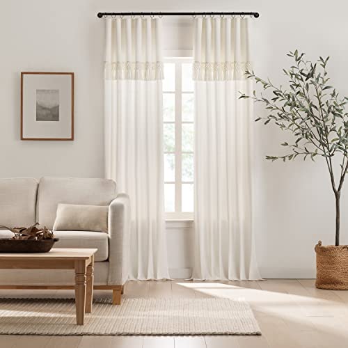 Mercantile Lucinda Light Filtering Window Curtain with Attached Knotted Fringe Valance (1 Panel), 50 in x 108 in, Off White by Mercantile - Used condition - US$27.67
