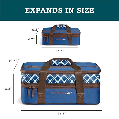 Rachael Ray Expandable Insulated Casserole Carrier for Hot or Cold Food, Thermal Lasanga Lugger Tote for Pockluck, Parties, Picnic, and Cookouts, Fits 9" x 13" Baking Dish, Plaid Navy