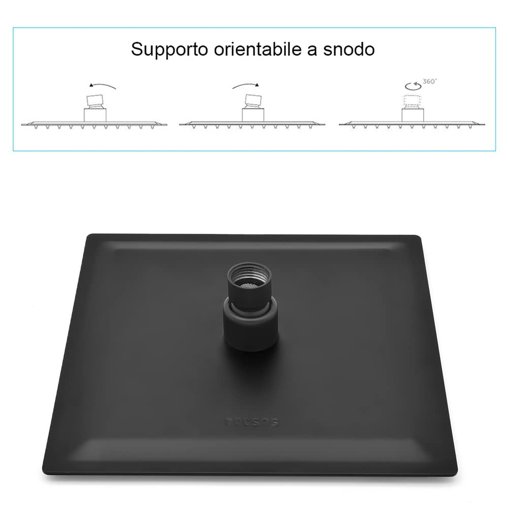 Kit doccia nero opaco con braccio 40 cm e soffione rettangolare 30x20 cm, in acciaio inox con snodo orientabile e ugelli anticalcare