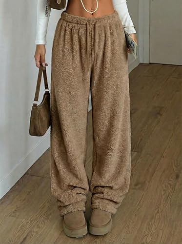 Image of ZAFUL Women's Fuzzy Plush Pajama Pants Wide Leg Pj Bottoms Lounge Pants